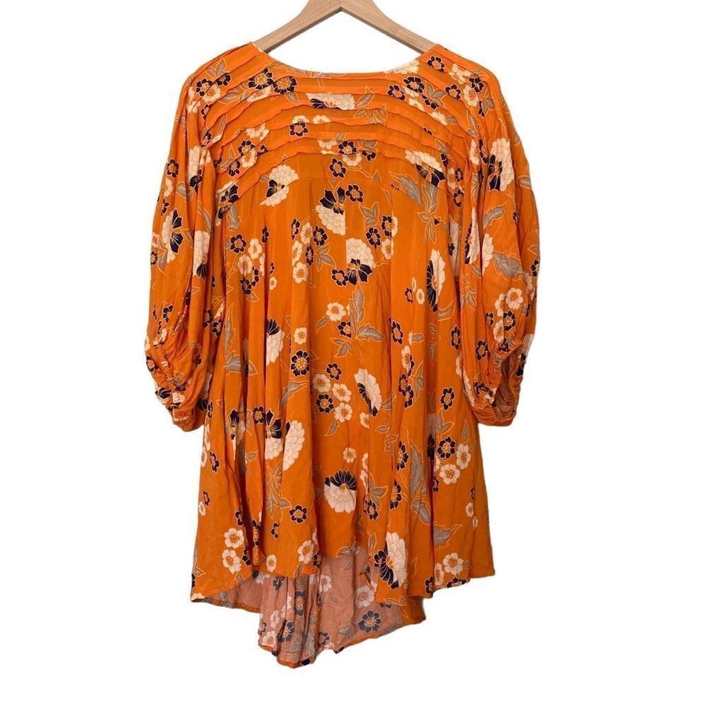 Free People Oversized Small Orange Floral Blouse Boho Top Shirt Open Back Tunic